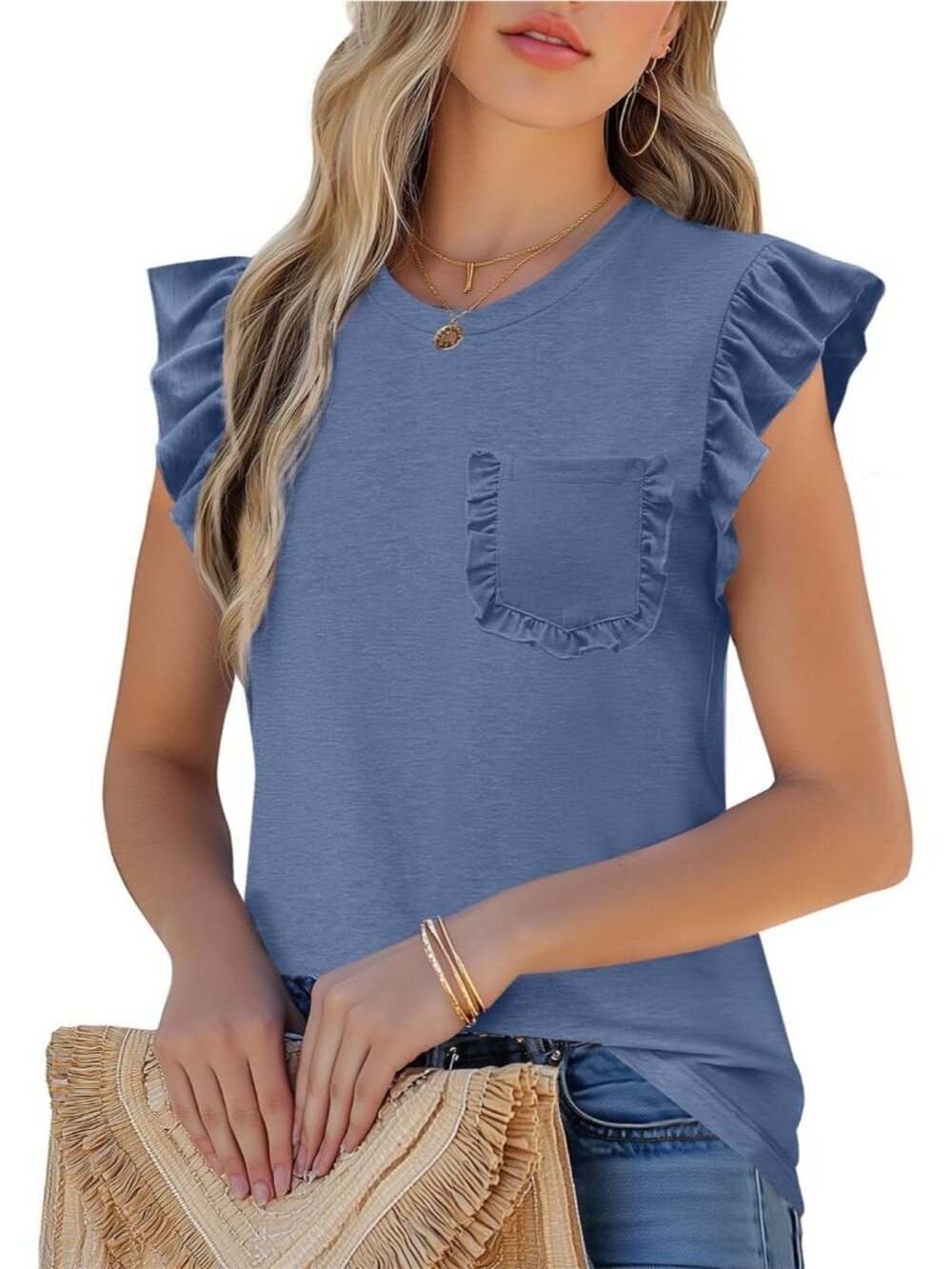 Women's T-Shirt Blue Ruffle Short Sleeve Crew Neck Casual Blouses with Pocket